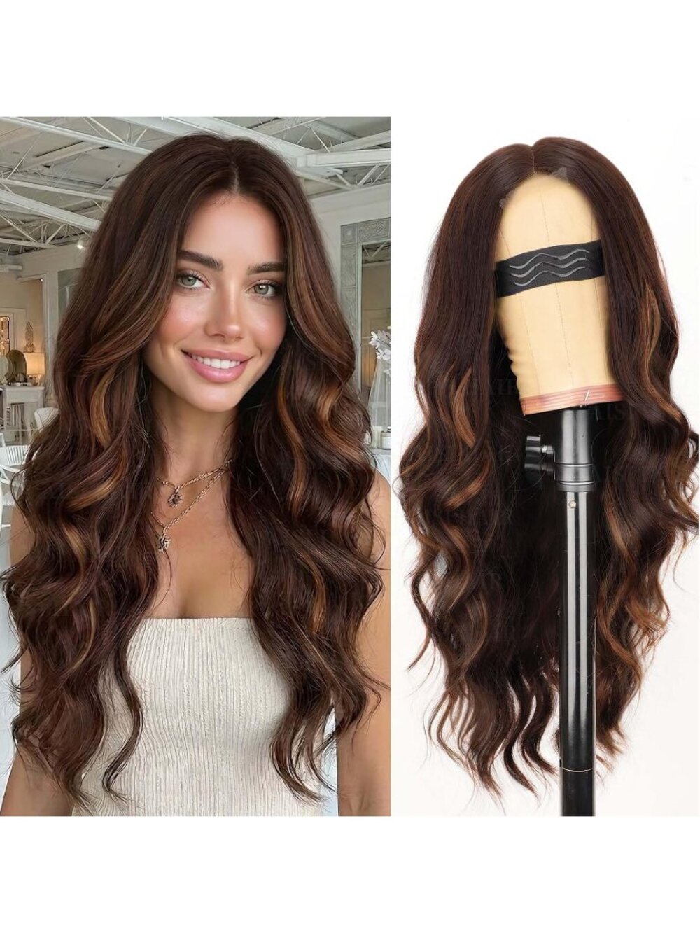 Women's Copper Brown Lace Hairline 26 Inch Synthetic Heat Resistant Wavy Wigs